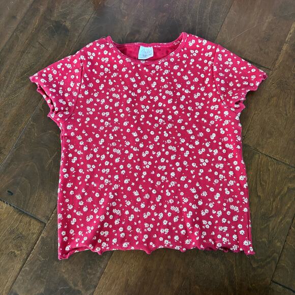 Zara Girls Size 13-14Y Short Sleeve Cropped Tee Shirt Red Floral Baby Tee Ribbed - Picture 1 of 6